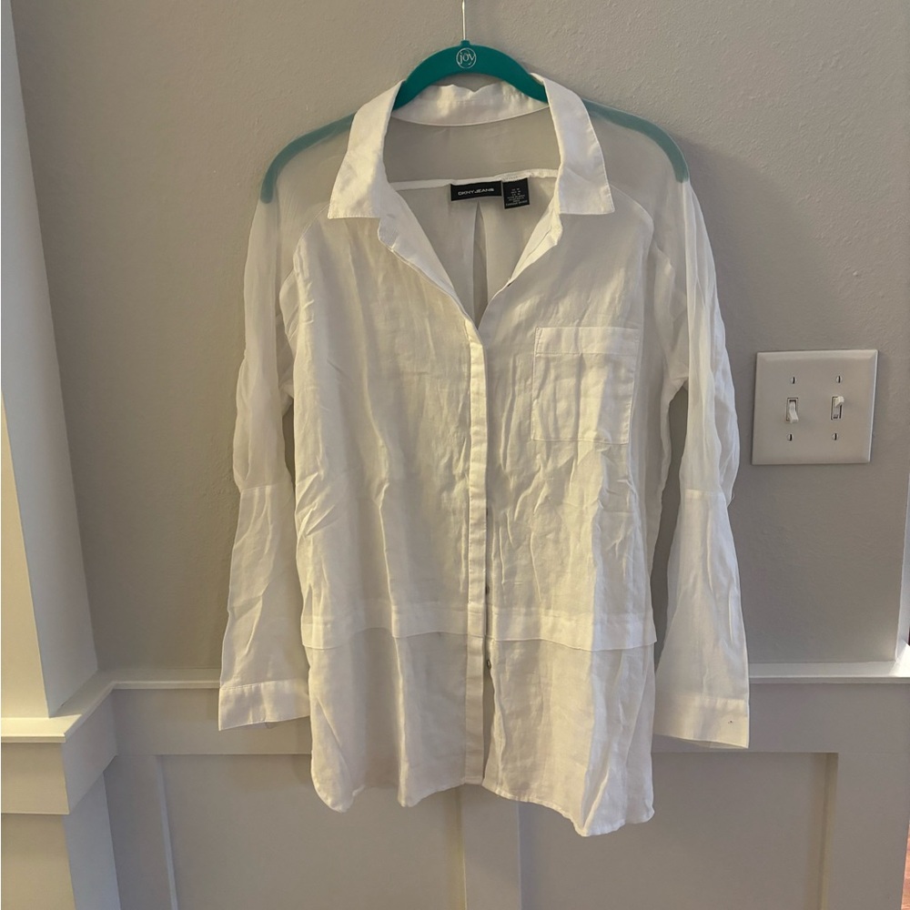 DKNY Jeans White Button Up Shirt with Sheer Sleeves Size M